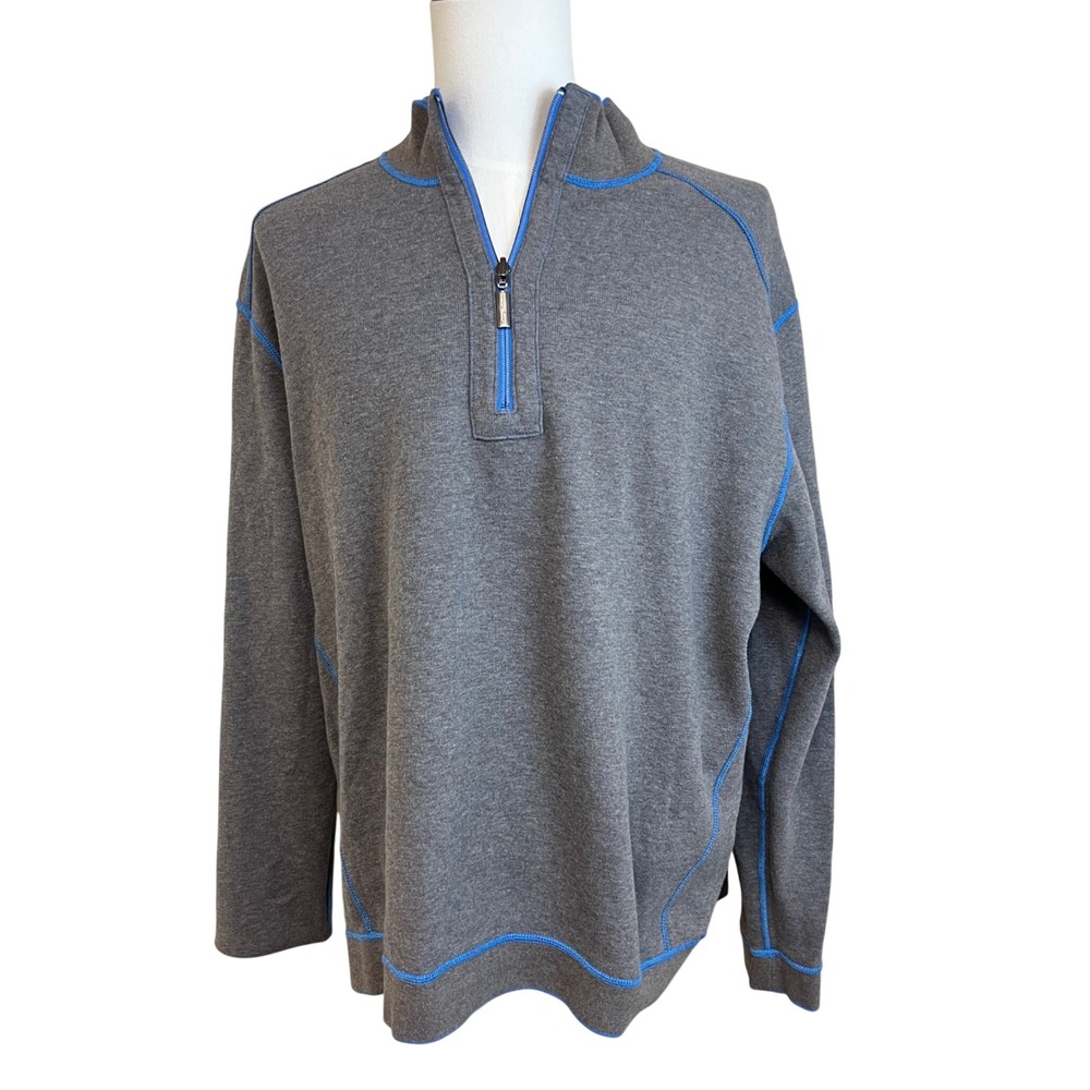 TOMMY BAHAMA Blue Gray Reversible 1/4 Zip Mens Sweater XL Travel Vacation Preppy - Picture 2 of 11